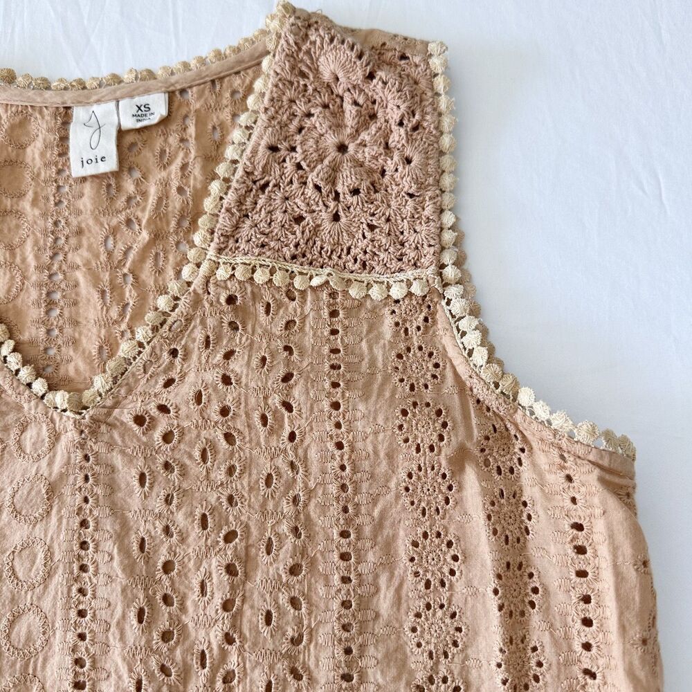 Joie Eyelet Lace Tank Top Beige XS Boho Crochet Trim 100% Cotton - Picture 3 of 7